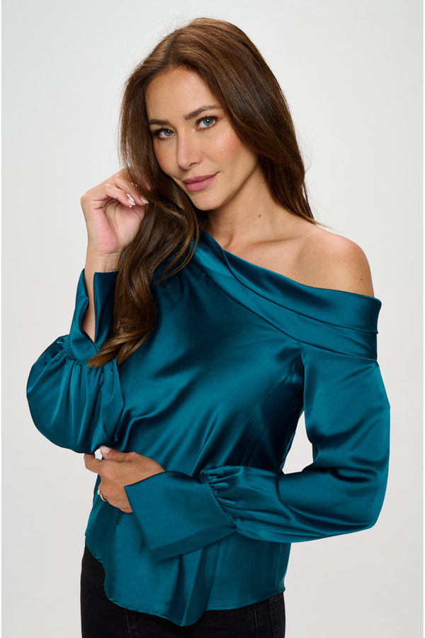 The Allure Green Satin Off The Shoulder Top