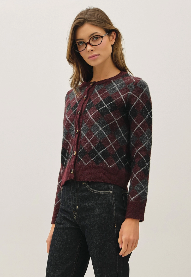 The Oxford Burgundy Multi Argyle Cardigan