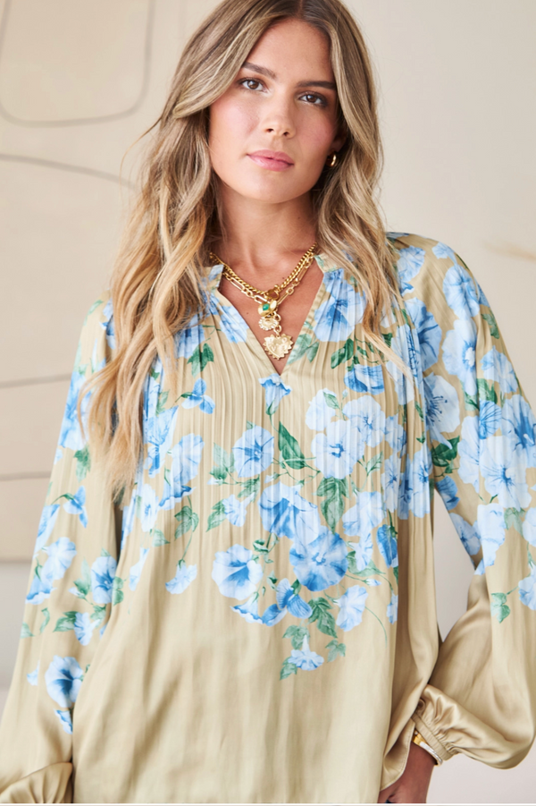 The Meadow Camel/Blue Floral Print Top