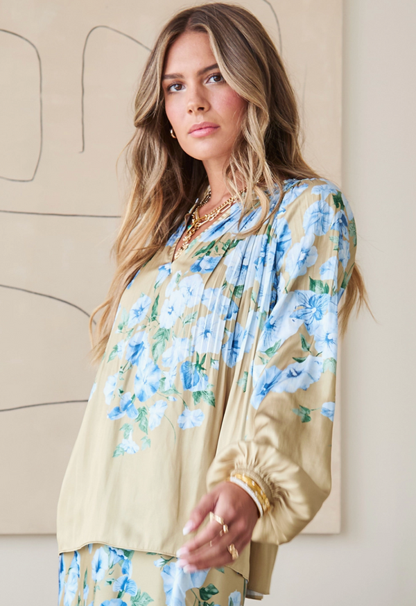 The Meadow Camel/Blue Floral Print Top
