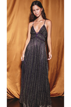 The Aurora Burgundy Metallic Pleated Maxi Dress