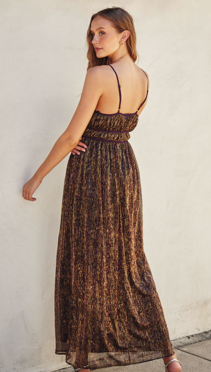 The Aurora Burgundy Metallic Pleated Maxi Dress