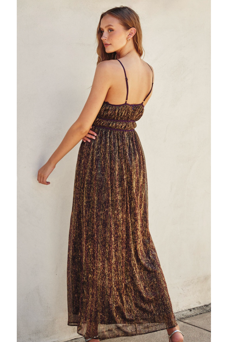 The Aurora Burgundy Metallic Pleated Maxi Dress S The Aurora Burgundy Metallic Pleated Maxi Dress S
