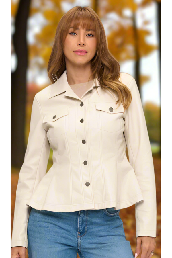 The Sloane Cream Vegan Leather Peplum Jacket