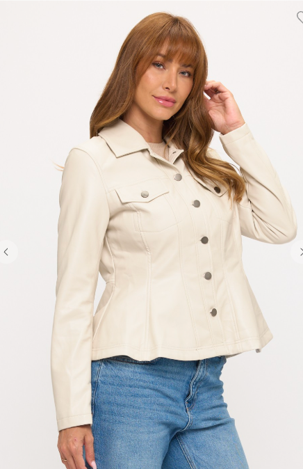 The Sloane Cream Vegan Leather Peplum Jacket