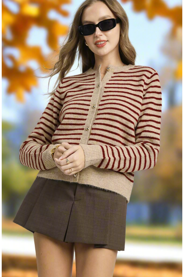 Weekly Deal The Striped Tan/Burgundy Cardigan
