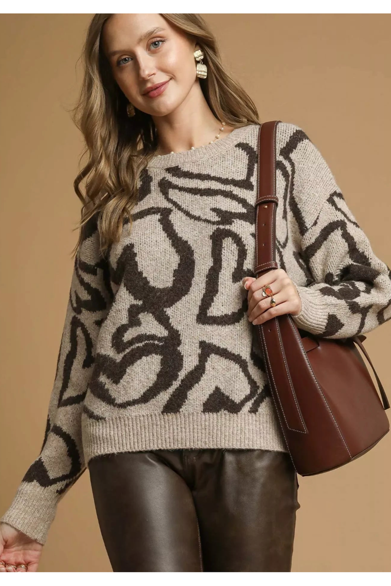 Weekly Deal The Heart Print Latte Crew Neck Sweater