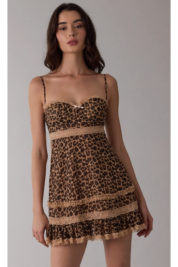 The Isabella Leopard Sweetheart Lace Trim Mini Dress