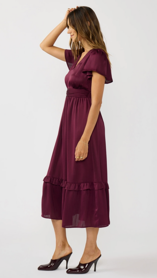 The Libra Burgundy Flutter Sleeve V-Neck Midi Dress