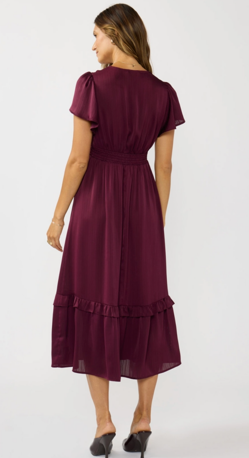 The Libra Burgundy Flutter Sleeve V-Neck Midi Dress