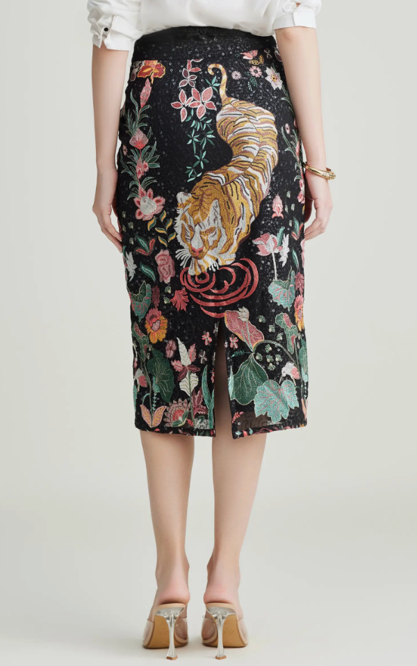 The Katana Black Multi Embellished Midi Skirt