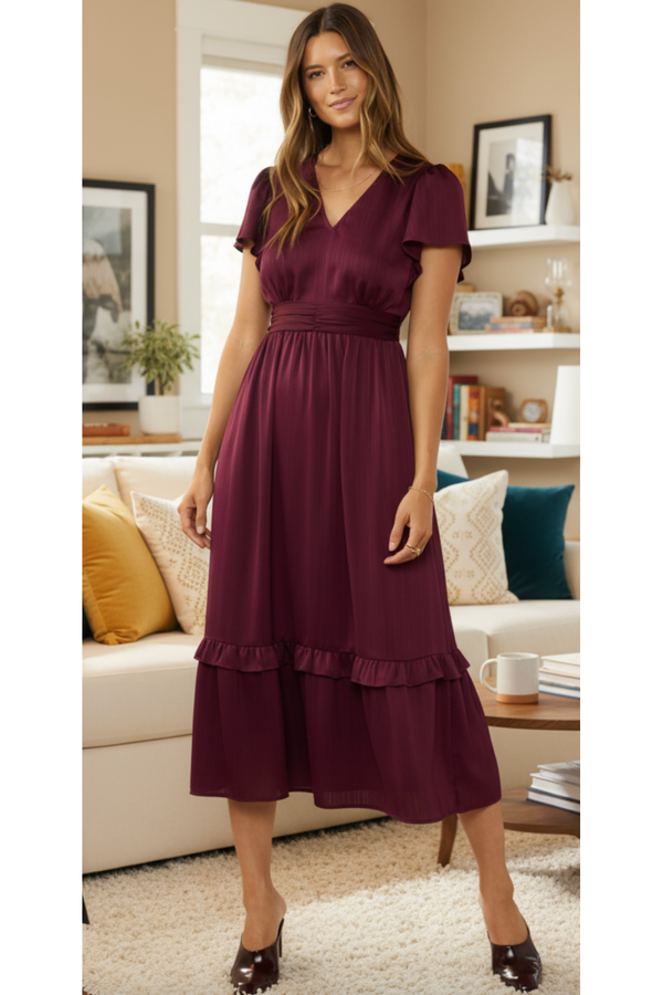 The Libra Burgundy Flutter Sleeve V-Neck Midi Dress