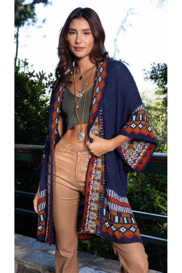Weekly Deal The Santa Fe Patterned Knitted Cardigan Ruana in Navy, Camel or Ivory