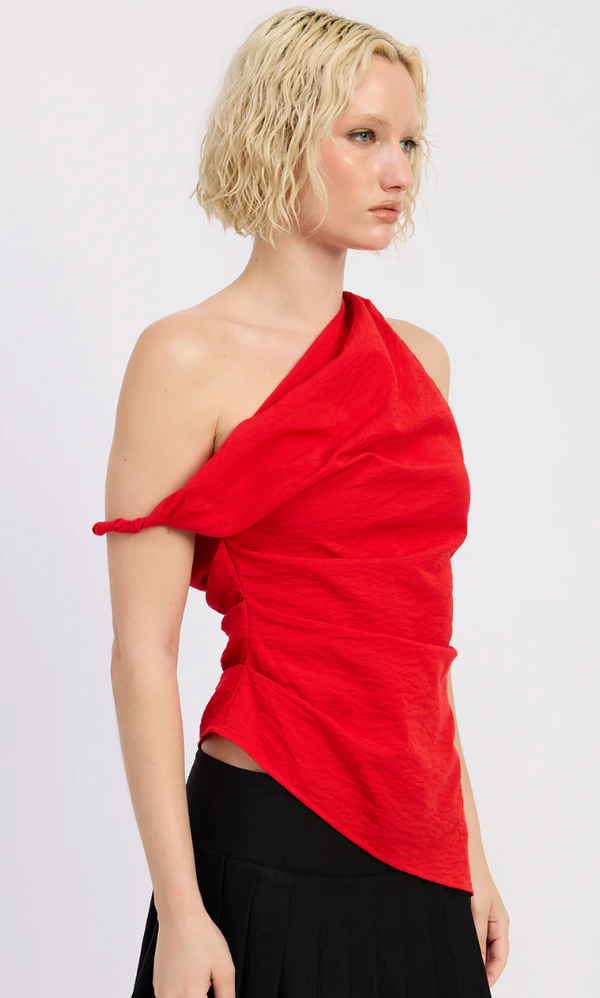 The Abbie Red Off Shoulder Asymmetrical Top