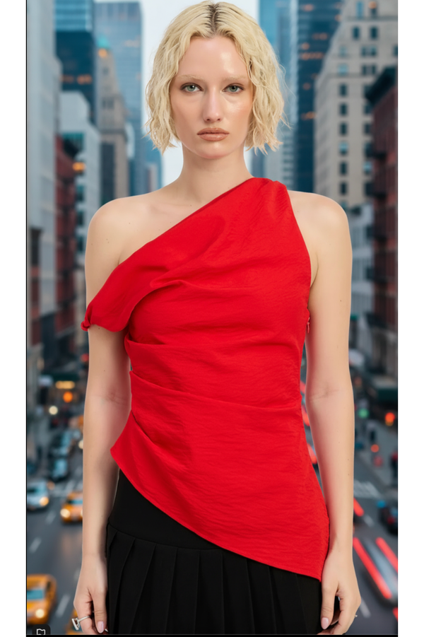 The Abbie Red Off Shoulder Asymmetrical Top