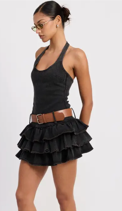 The Remy Black Denim Belted Halter Mini Dress