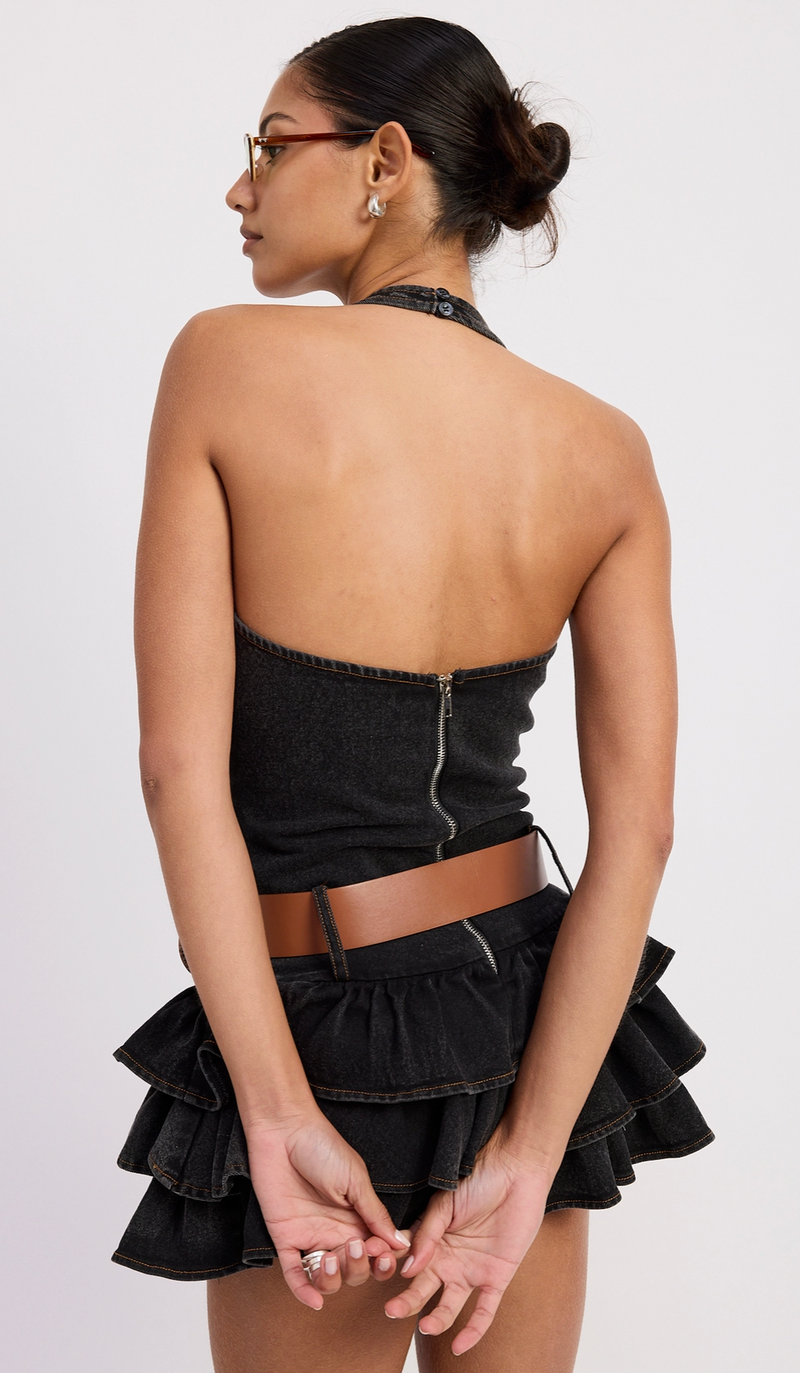 The Remy Black Denim Belted Halter Mini Dress