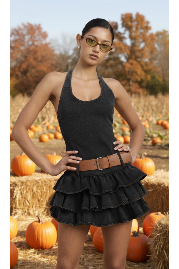 The Remy Black Denim Belted Halter Mini Dress