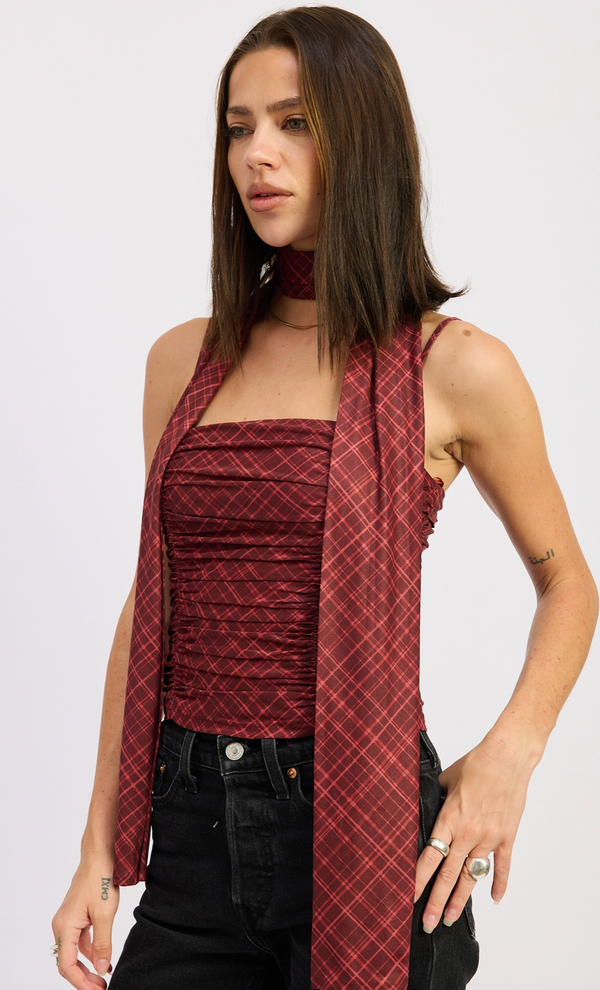 The Adeline Burgundy Plaid Scarf Top