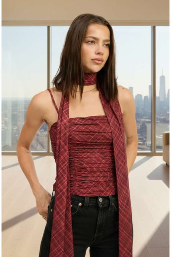 The Adeline Burgundy Plaid Scarf Top