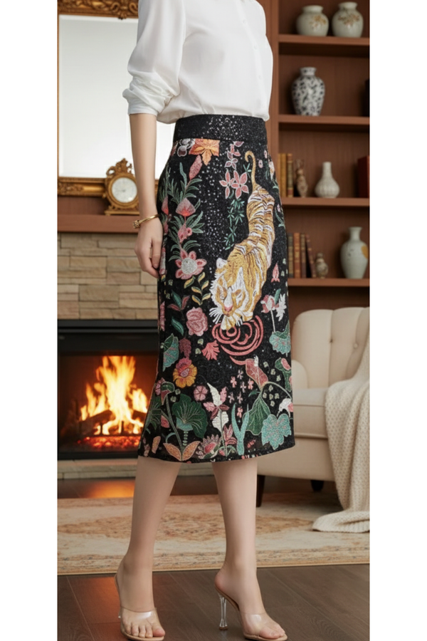 The Katana Black Multi Embellished Midi Skirt