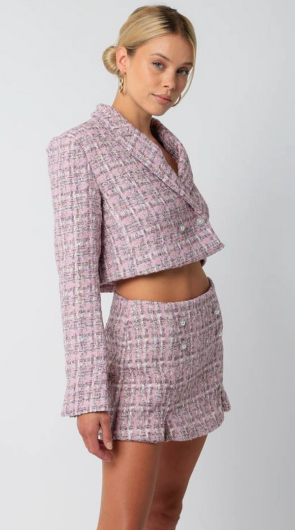 The Mia Two Piece Pink Boucle Jacket and Skort Set