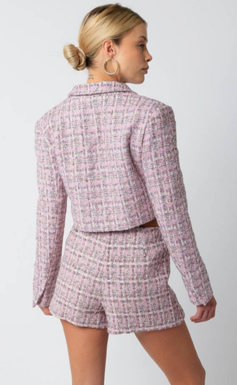 The Mia Two Piece Pink Boucle Jacket and Skort Set