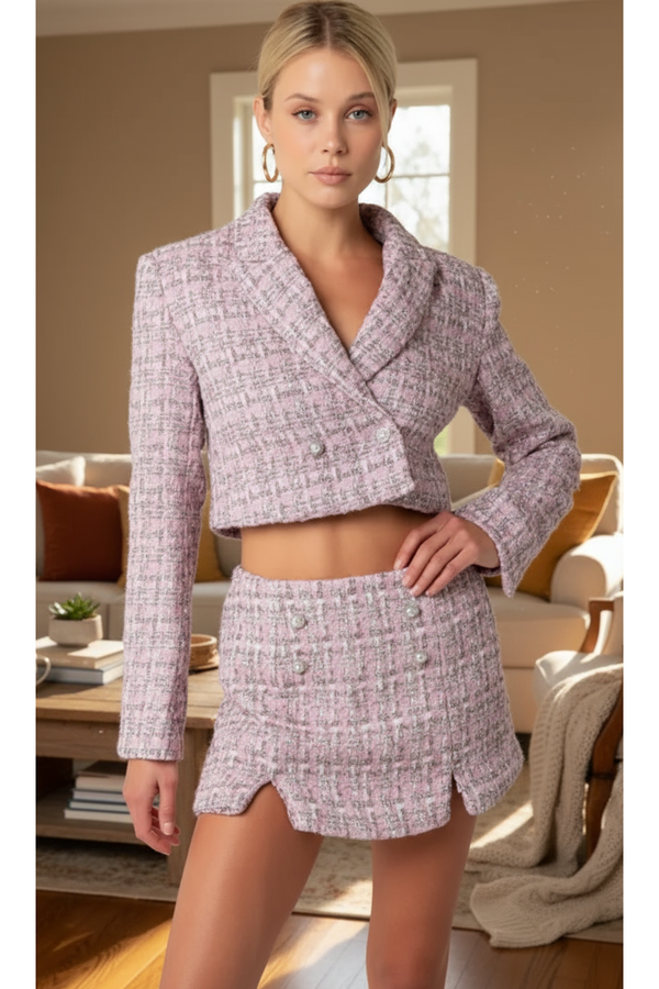 The Mia Two Piece Pink Boucle Jacket and Skort Set