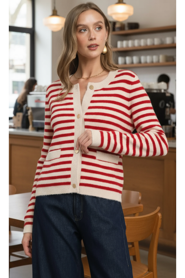 Weekly Deal The Trista Red Striped Knit Cardigan