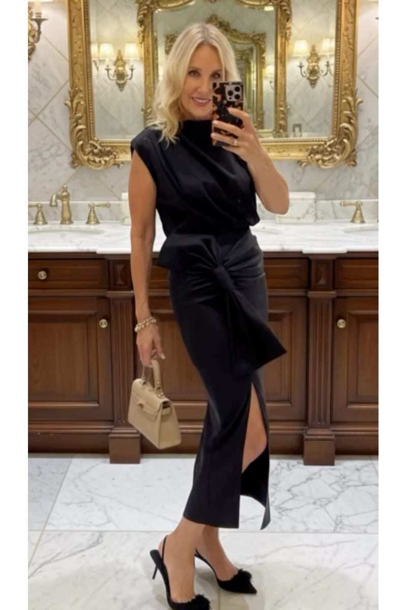 The Bow Black Taffeta Midi Skirt