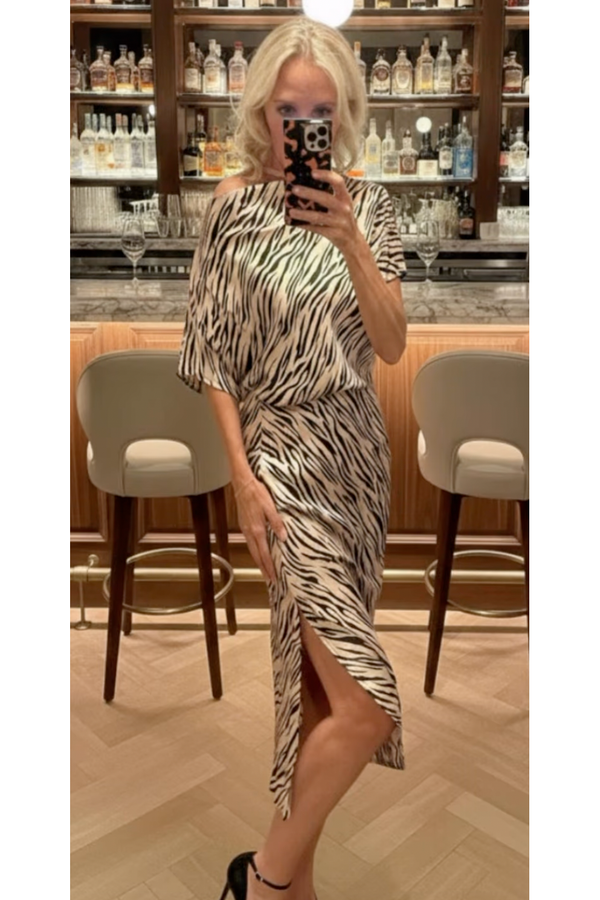 The Celia Zebra Satin Off Shoulder Midi Dress