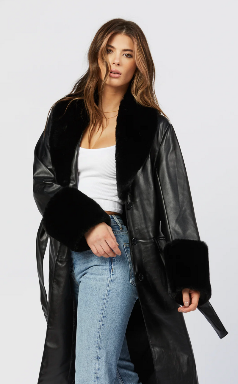The Calgary Black Vegan Leather Fur Trim Coat