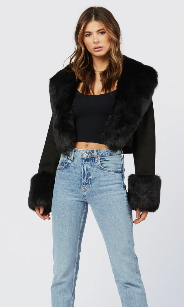 The Montreal Black Vegan Suede Fur Trim Cropped Jacket