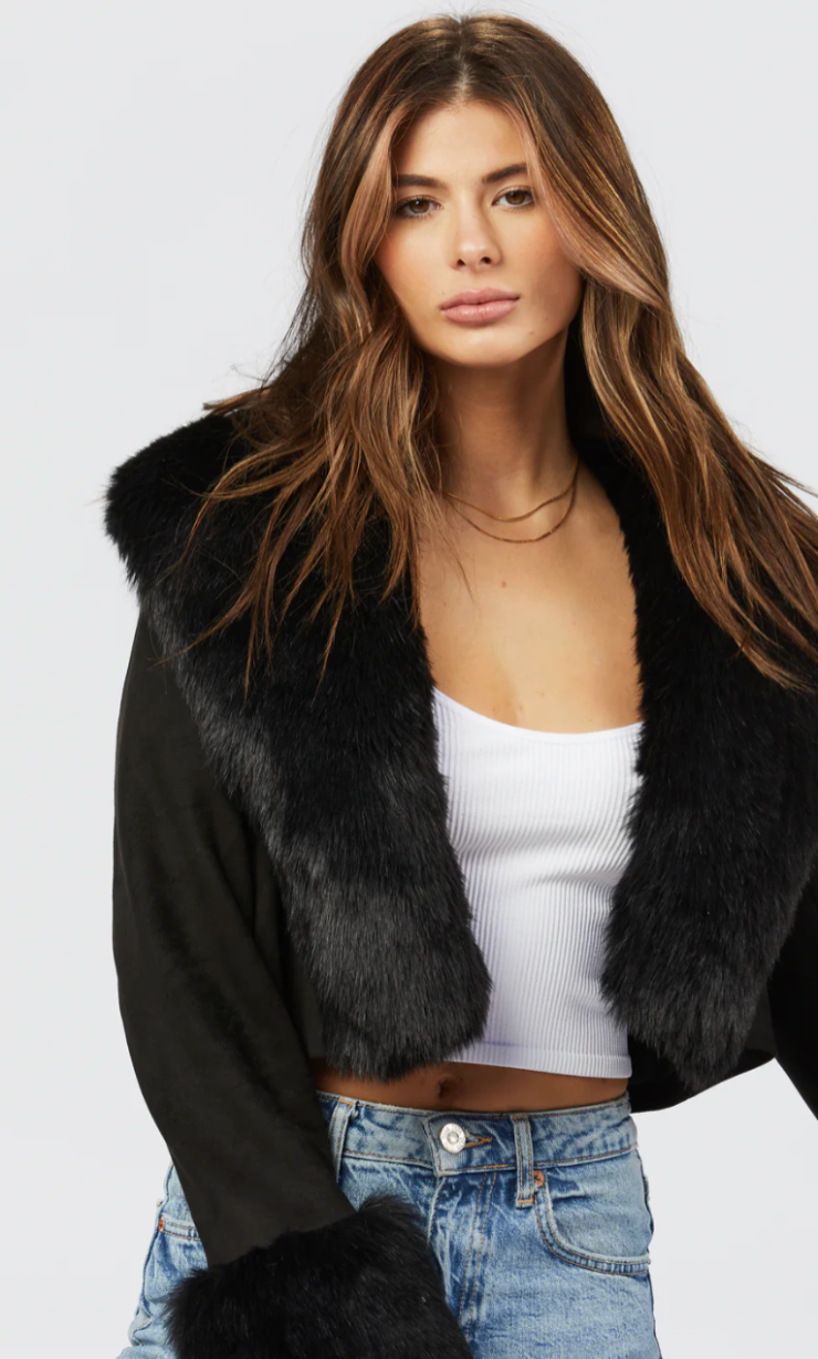 The Montreal Black Vegan Suede Fur Trim Cropped Jacket
