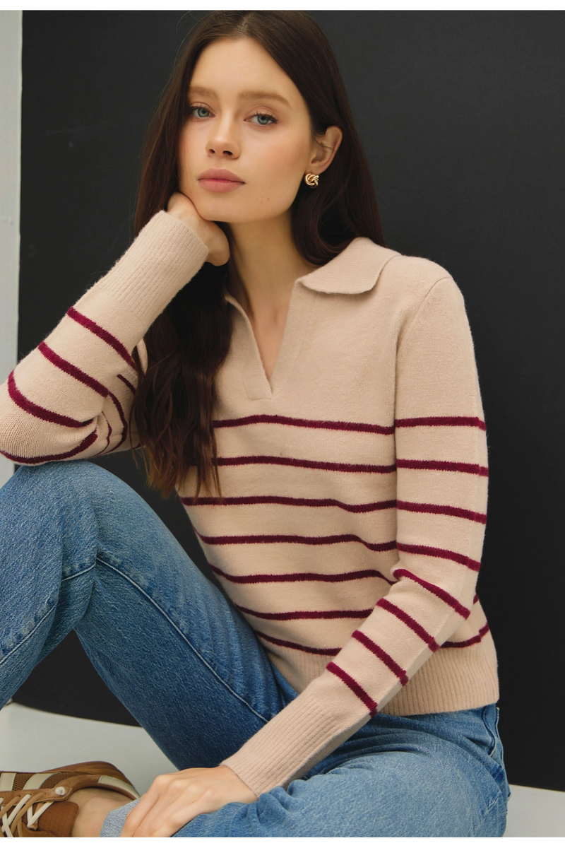 The Balboa Beige/Burgundy Striped Polo Sweater