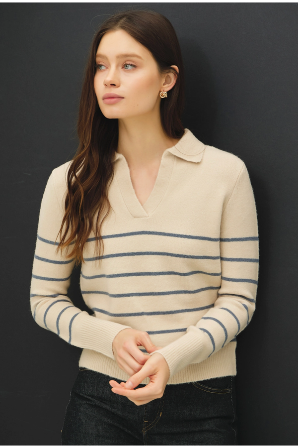 The Balboa Beige/Blue Striped Polo Sweater