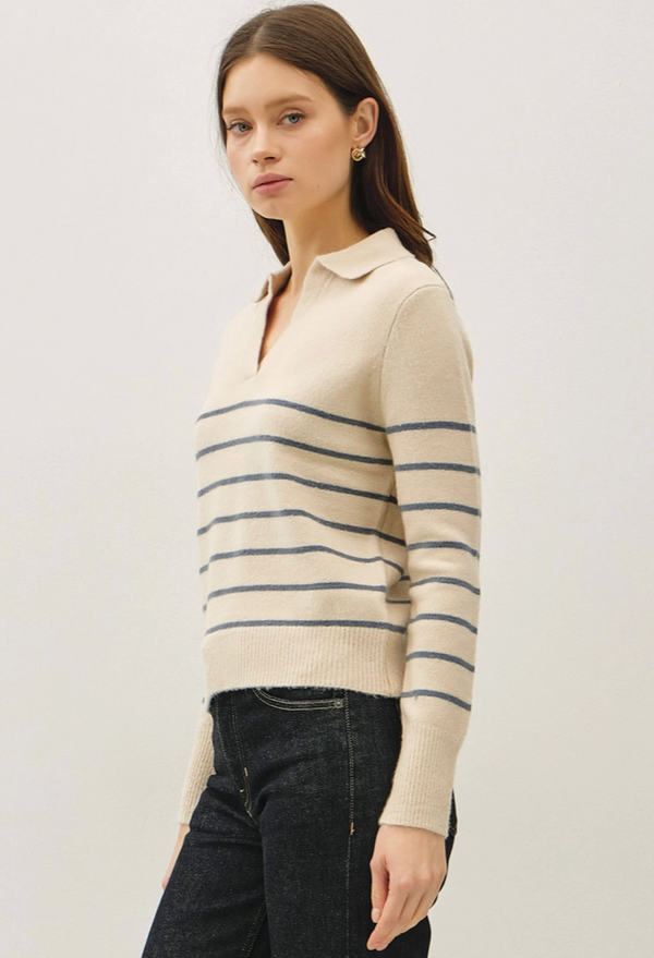 The Balboa Beige/Blue Striped Polo Sweater