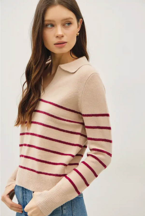 The Balboa Beige/Burgundy Striped Polo Sweater