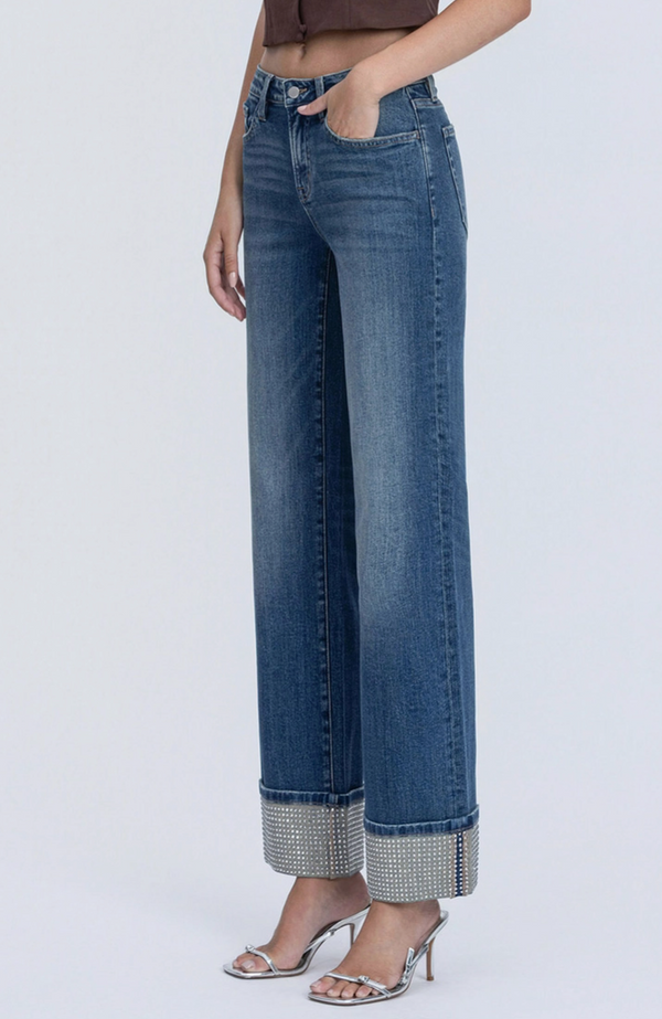 The Bling Mid Rise Mineral Silver Embellished Cuff Wide Jean