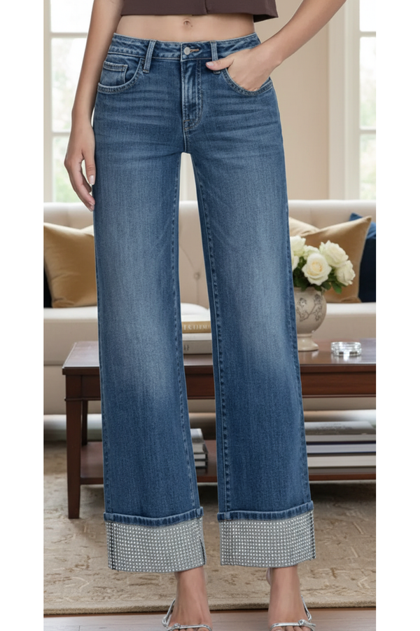 The Bling Mid Rise Mineral Silver Embellished Cuff Wide Jean