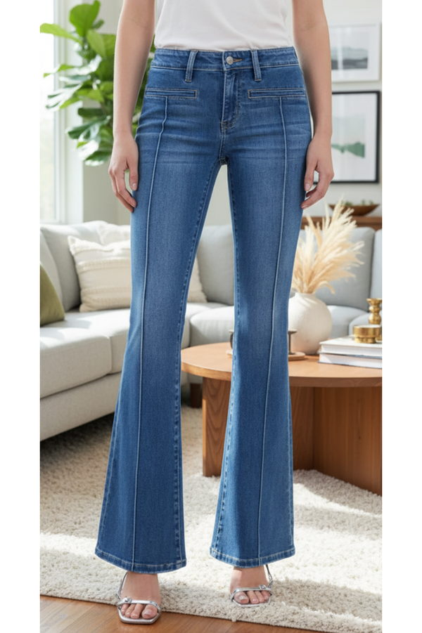 The Pintuck Mid Rise Flare Jeans