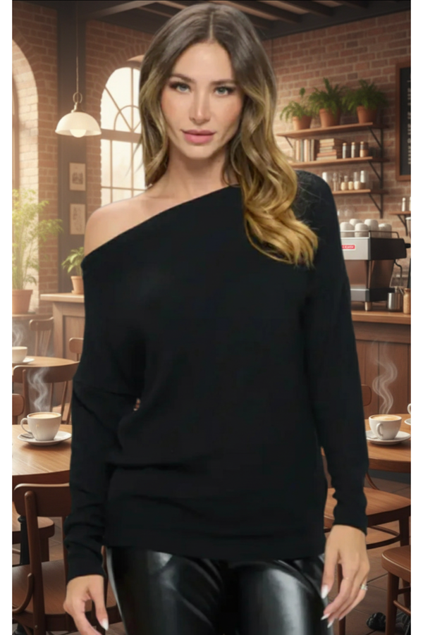 The Michelle Black Off The Shoulder Cozy Top