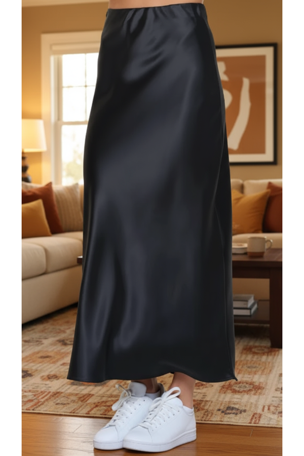 The Martina Black Satin Maxi Skirt