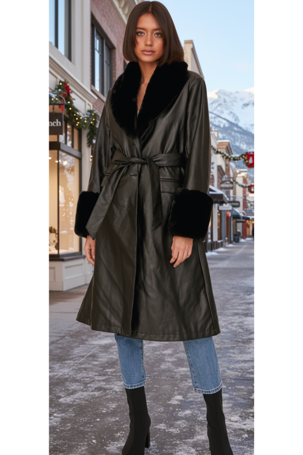 The Calgary Black Vegan Leather Fur Trim Coat