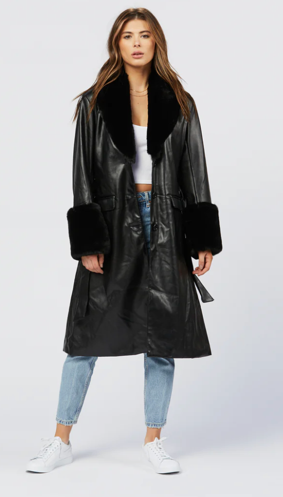 The Calgary Black Vegan Leather Fur Trim Coat
