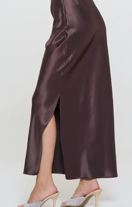The Lorena Brown Satin Maxi Skirt