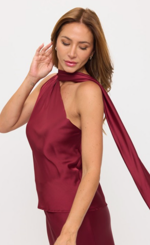 The Katrina Burgundy Satin One Shoulder Scarf Top