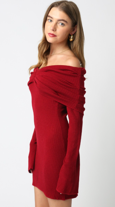 Pre-Order The Ava Red Knit Off Shoulder Mini Dress