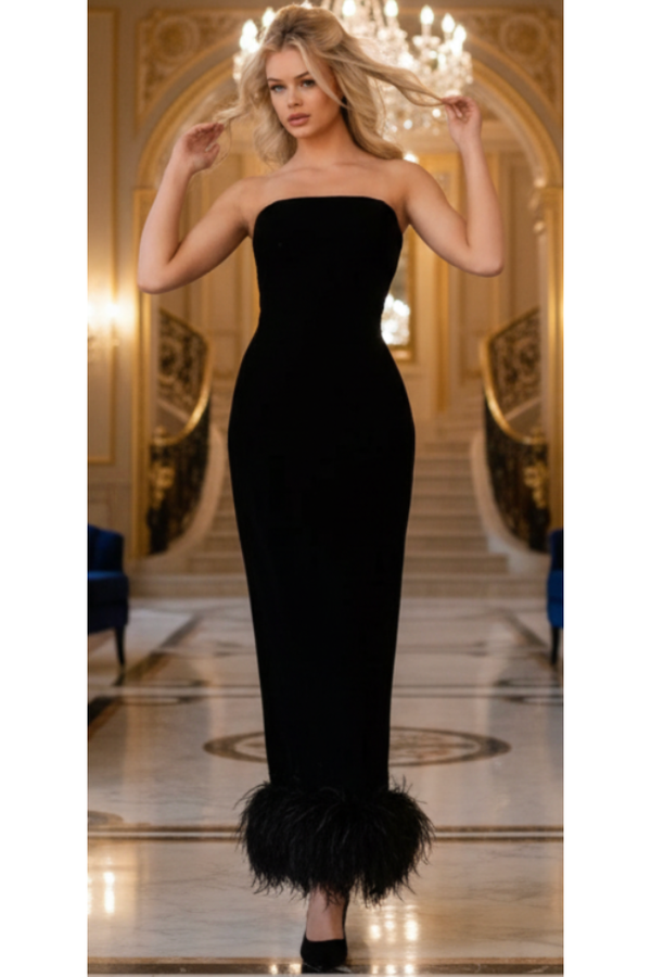 The Jovani 09630 Black Strapless Feather Hem Formal Gown