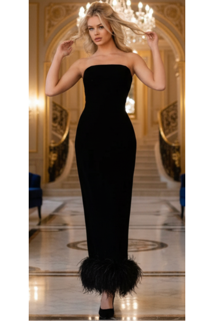 The Jovani 09630 Black Strapless Feather Hem Formal Gown
